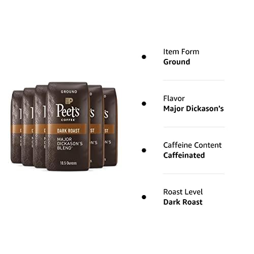 Peet's Coffee, Dark Roast Ground Coffee - Major Dickason's Blend 63 Ounces (6 Bags of 10.5 Ounces)