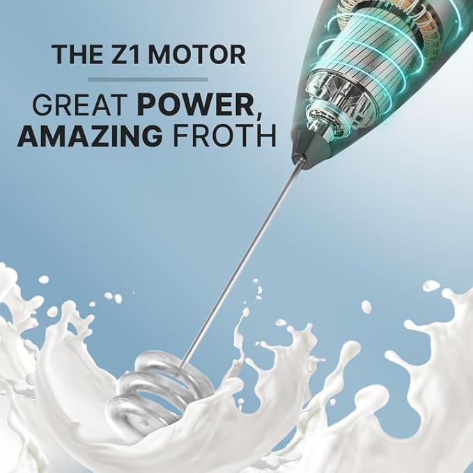 Zulay Kitchen Tornado Milk Frother Handheld Wand – Electric Coffee Frother with Triple Whisk & Stand – Hand Held Drink Mixer for Latte, Cappuccino, Matcha, Hot Chocolate, Protein Shakes – Black/Black