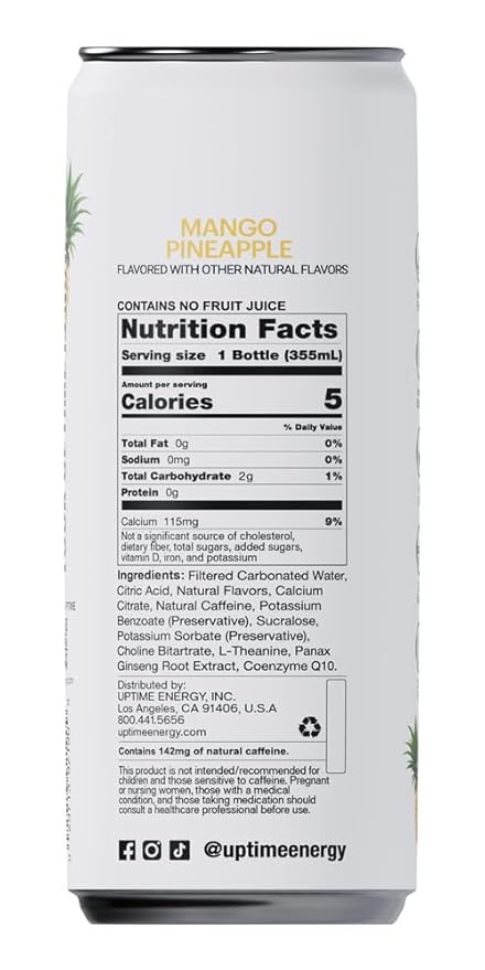 UPTIME Energy Drink, Mango Pineapple, 12 Pack, Vitamin C, L Theanine, Calcium, Sugar Free Energy Drinks for Focus Support, 142mg of Natural Caffeine, 5 Calories, Clean, Natural, Non GMO, 12 fl oz Cans