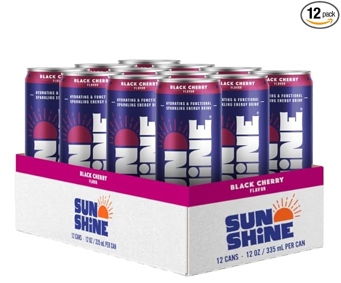 Sunshine Sparkling Energy Drink, Black Cherry with Daily Essential Vitamins, 360mg of Electrolytes, 70mg of Natural Caffeine, 12 Fl Oz (Pack of 12)