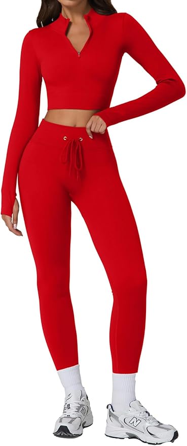 QINSEN Workout Sets for Women 2 Piece Seamless Long Sleeve Crop Tops Ribbed High Waist Leggings