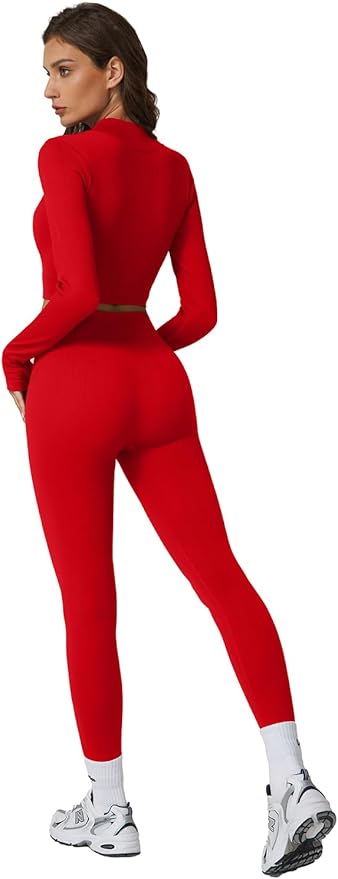 QINSEN Workout Sets for Women 2 Piece Seamless Long Sleeve Crop Tops Ribbed High Waist Leggings