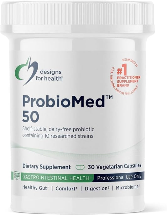 Designs for Health ProbioMed 50 - Probiotics for Digestive Health - 10 Strains with Lactobacillus acidophilus Probiotic + Lactobacillus rhamnosus - Gut Health + Immune Support Supplement (30 Caps)