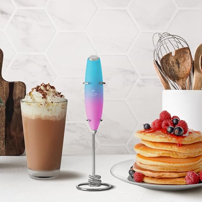 Zulay Kitchen Tornado Milk Frother Handheld Wand – Electric Coffee Frother with Triple Whisk & Stand – Hand Held Drink Mixer for Latte, Cappuccino, Matcha, Hot Chocolate, Protein Shakes – Pink Fade