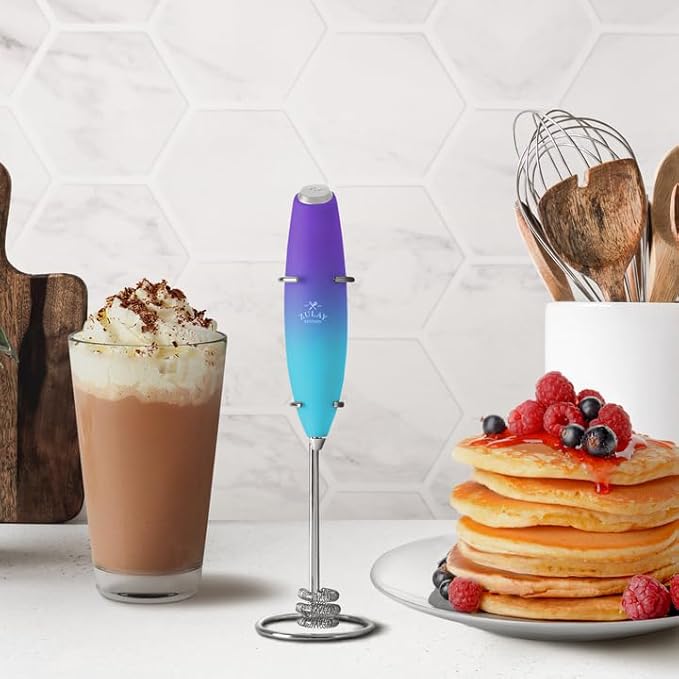 Zulay Kitchen Tornado Milk Frother Handheld Wand – Electric Coffee Frother with Triple Whisk & Stand – Hand Held Drink Mixer for Latte, Cappuccino, Matcha, Hot Chocolate, Protein Shakes – Teal Fade