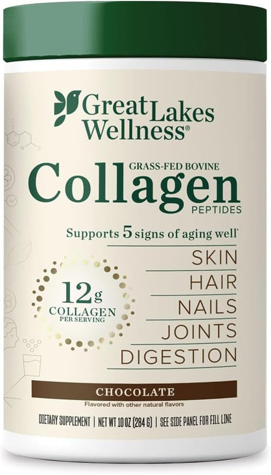 Great Lakes Wellness Collagen Peptides Powder for Skin, Hair, Nails, Joints & Digestion - Chocolate Flavored - Quick Dissolve Hydrolyzed, Non-GMO, Kosher - 10 oz