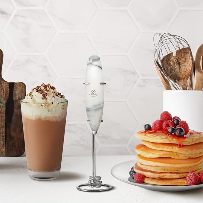 Zulay Kitchen Tornado Milk Frother Handheld Wand – Electric Coffee Frother with Triple Whisk & Stand – Hand Held Drink Mixer for Latte, Cappuccino, Matcha, Hot Chocolate, Protein Shakes – Quartz