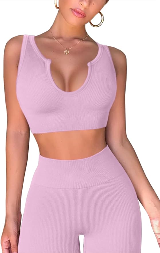 QINSEN Workout Outfits for Women 2 Piece Ribbed Seamless Crop Tank High Waist Yoga Leggings Sets