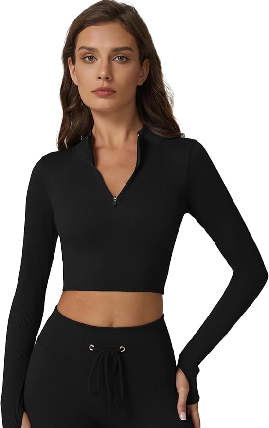 QINSEN Workout Sets for Women 2 Piece Seamless Long Sleeve Crop Tops Ribbed High Waist Leggings