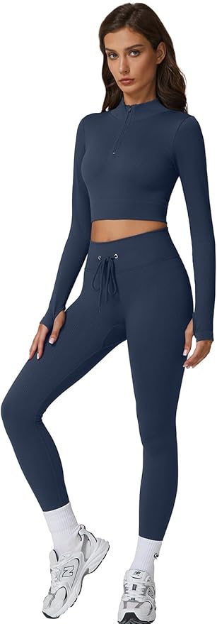 QINSEN Workout Sets for Women 2 Piece Seamless Long Sleeve Crop Tops Ribbed High Waist Leggings