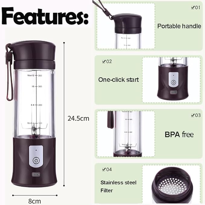 Portable Blender, Cordless, Personal Blender-for Shakes & Smoothies, BPA Free, Leakproof, USB-C Rechargeable, Ideal for Ice Blending, Juicing, and Food Processing, Convenient, and Versatile (Black)