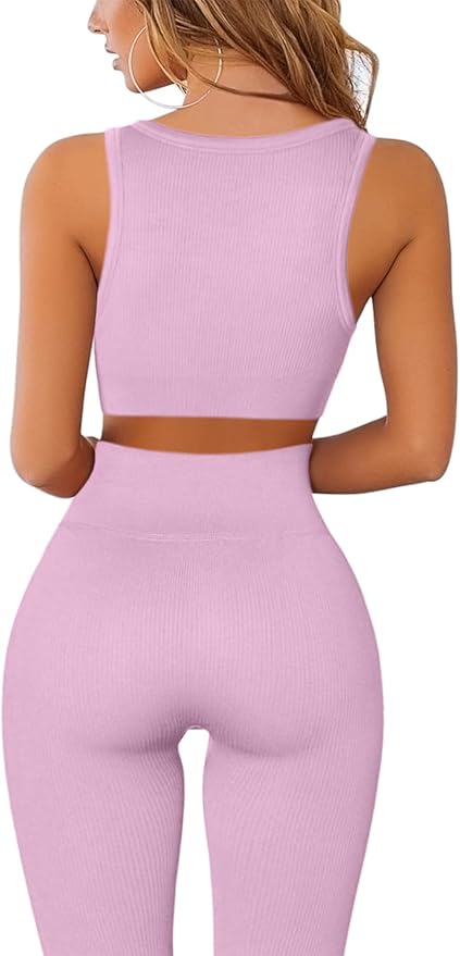 QINSEN Workout Outfits for Women 2 Piece Ribbed Seamless Crop Tank High Waist Yoga Leggings Sets