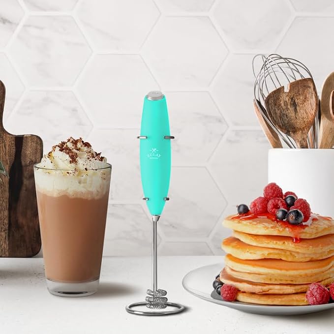 Zulay Kitchen Tornado Milk Frother Handheld Wand – Electric Coffee Frother with Triple Whisk & Stand – Hand Held Drink Mixer for Latte, Cappuccino, Matcha, Hot Chocolate, Protein Shakes – Aqua
