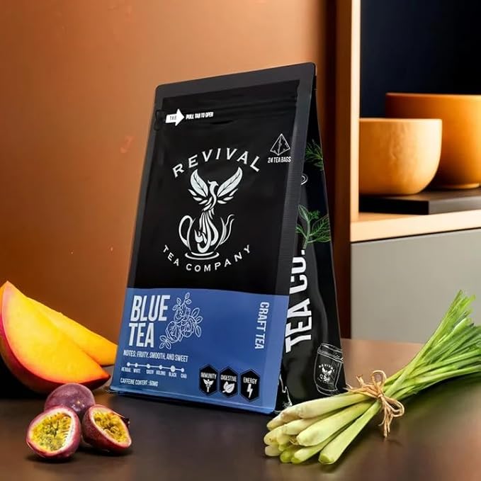 Revival Tea Company Blue Tea - Butterfly Pea Flower and Black Tea Blended with Other Herbal Tea Flavors - 24 Tea Bags