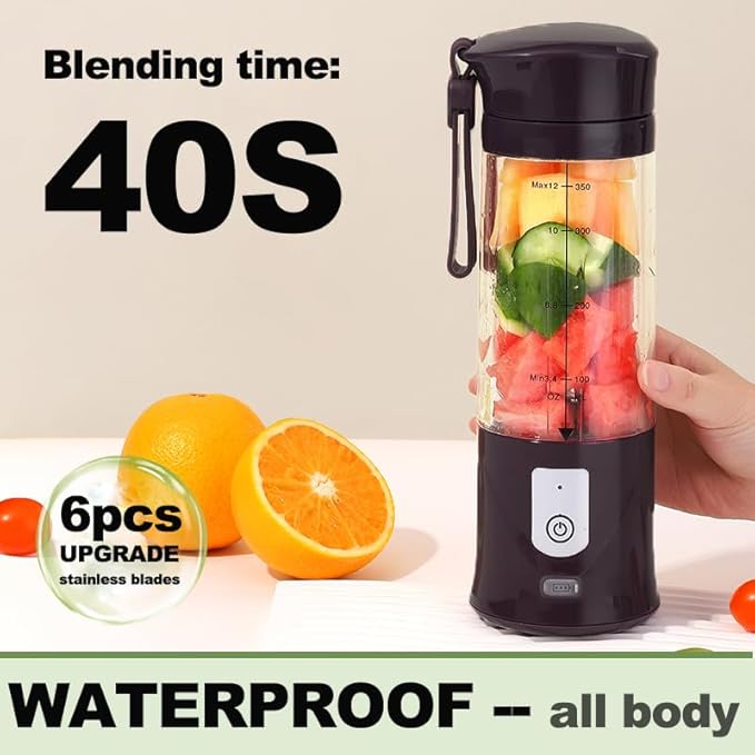 Portable Blender, Cordless, Personal Blender-for Shakes & Smoothies, BPA Free, Leakproof, USB-C Rechargeable, Ideal for Ice Blending, Juicing, and Food Processing, Convenient, and Versatile (Black)