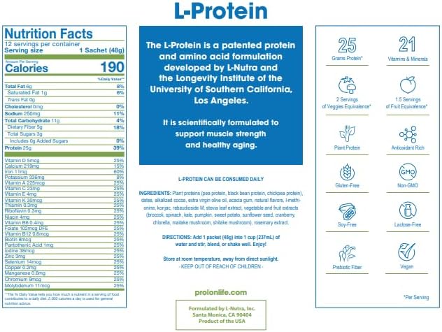 Prolon Longevity Plant Based Protein Powder | Muscle Synthesis & Repair, Healthy Aging, Boost Performance | Vitamins, Gluten Free, Amino Acids, Antioxidants | 25g of Protein | Chocolate, 12 Packets