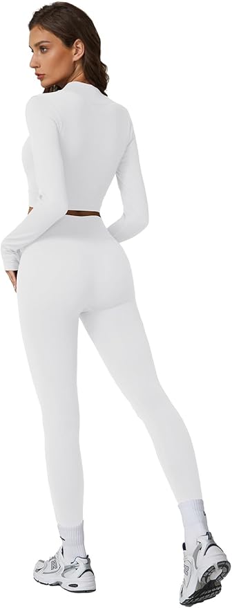 QINSEN Workout Sets for Women 2 Piece Seamless Long Sleeve Crop Tops Ribbed High Waist Leggings