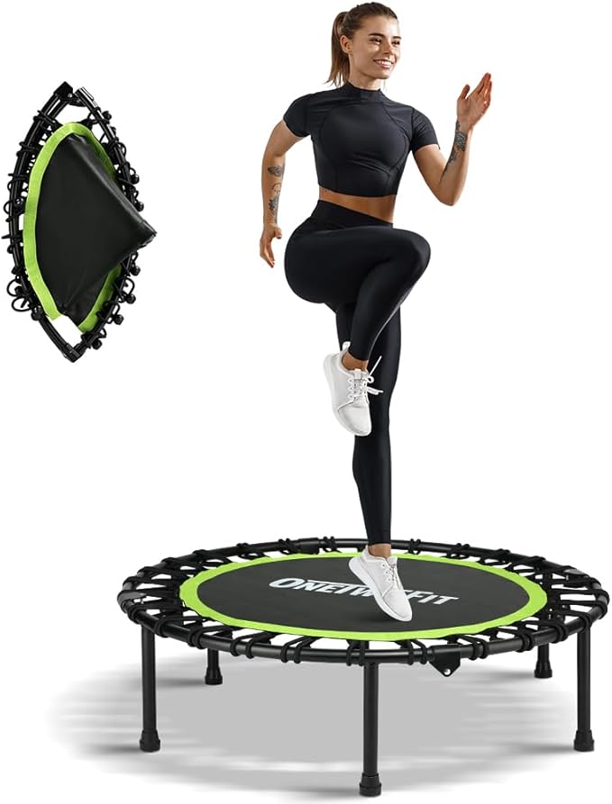 ONETWOFIT Foldable Rebounder Trampoline for Adults, 40/42/45” Mini Fitness Trampoline W/Adjustable Foam Handle Bungees, Quiet Exercise Trampoline for Personal Indoor Workout
