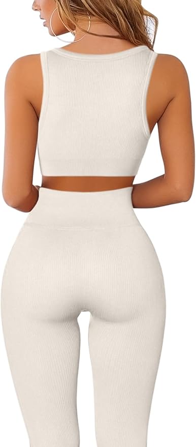 QINSEN Workout Outfits for Women 2 Piece Ribbed Seamless Crop Tank High Waist Yoga Leggings Sets
