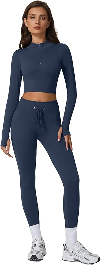 QINSEN Workout Sets for Women 2 Piece Seamless Long Sleeve Crop Tops Ribbed High Waist Leggings