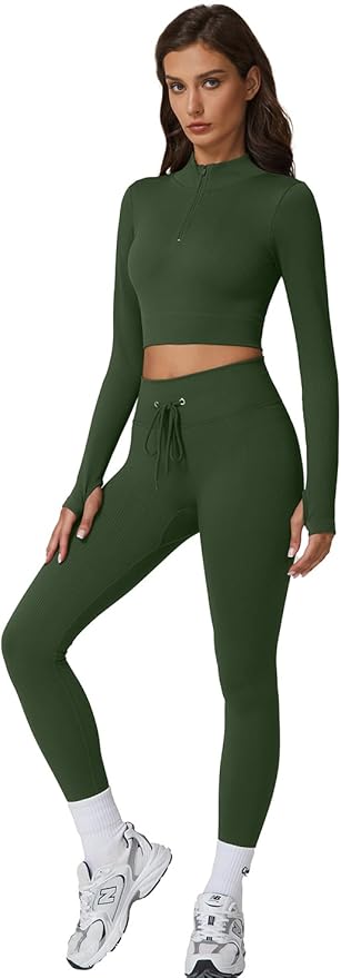 QINSEN Workout Sets for Women 2 Piece Seamless Long Sleeve Crop Tops Ribbed High Waist Leggings