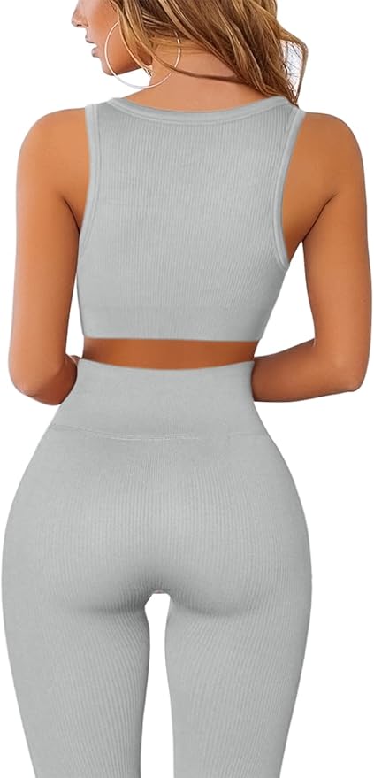 QINSEN Workout Outfits for Women 2 Piece Ribbed Seamless Crop Tank High Waist Yoga Leggings Sets
