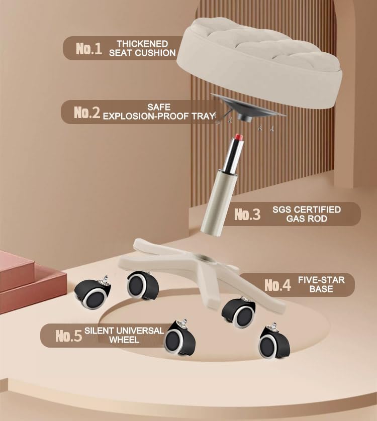 Small Chair Round Rolling Stool with Wheels PU Leather Height Adjustable Swivel Drafting Work SPA Salon Stools Home Office Chair