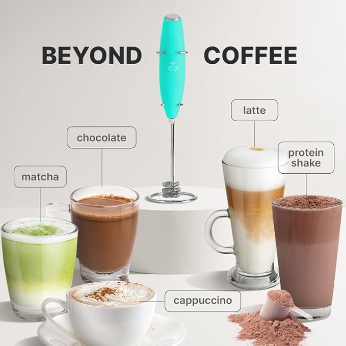 Zulay Kitchen Tornado Milk Frother Handheld Wand – Electric Coffee Frother with Triple Whisk & Stand – Hand Held Drink Mixer for Latte, Cappuccino, Matcha, Hot Chocolate, Protein Shakes – Aqua