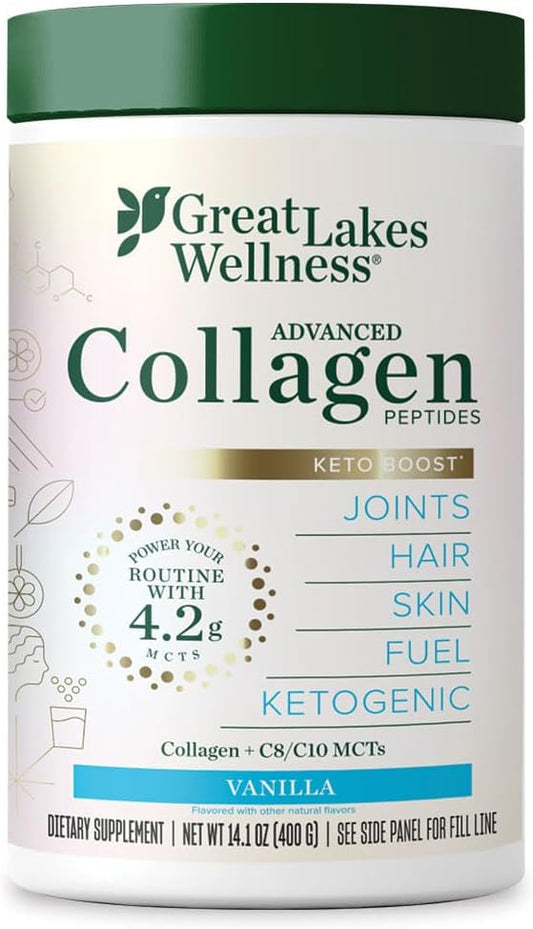 Great Lakes Wellness Keto Boost Advanced Collagen Peptides Powder with 4.2g MCTs - Vanilla Flavored - Nutritiously-Rich Non-Dairy Coffee Creamer or Smoothie Alt - Non-GMO, Kosher - 14.1 oz