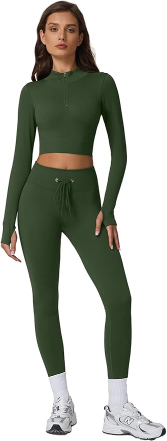 QINSEN Workout Sets for Women 2 Piece Seamless Long Sleeve Crop Tops Ribbed High Waist Leggings