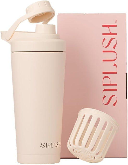Paradise Shaker Bottle, 24 oz, Insulated Stainless Steel Protein Shaker, Smoothie and Pre Workout for Women, with Leakproof Twist-Off Chug Cap, Quiet Mixing, Creamy Pink, Malibu Sands