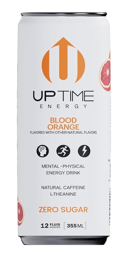 UPTIME Energy Drink, Blood Orange Sparkling, 12 Pack, Vitamin C, L Theanine, Calcium, Sugar Free Energy Drinks for Focus Support, 142mg of Natural Caffeine, 0 Calories, Clean, Natural, 12 fl oz Cans