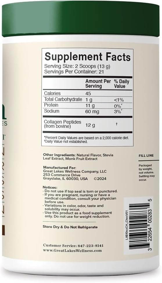Great Lakes Wellness Collagen Peptides Powder for Skin, Hair, Nails, Joints & Digestion - Chocolate Flavored - Quick Dissolve Hydrolyzed, Non-GMO, Kosher - 10 oz
