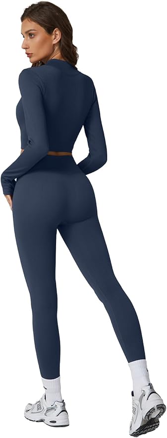 QINSEN Workout Sets for Women 2 Piece Seamless Long Sleeve Crop Tops Ribbed High Waist Leggings
