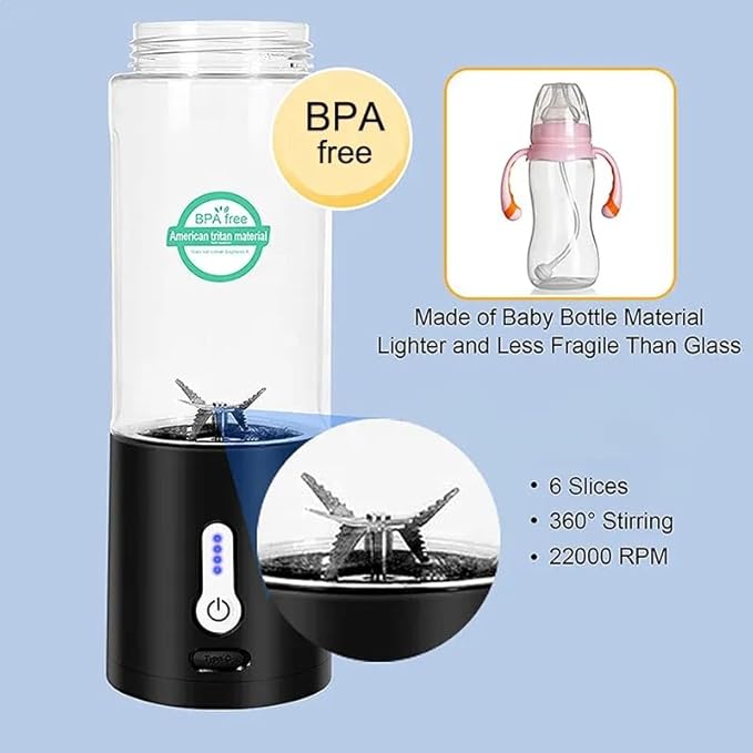 Portable Juicer Blender – 530ml USB Rechargeable Personal Blender for Shakes, Smoothies & Juice – Food Grade PC, Leak-Proof Rubber Seal, Lightweight Travel Bottle Mixer – Black