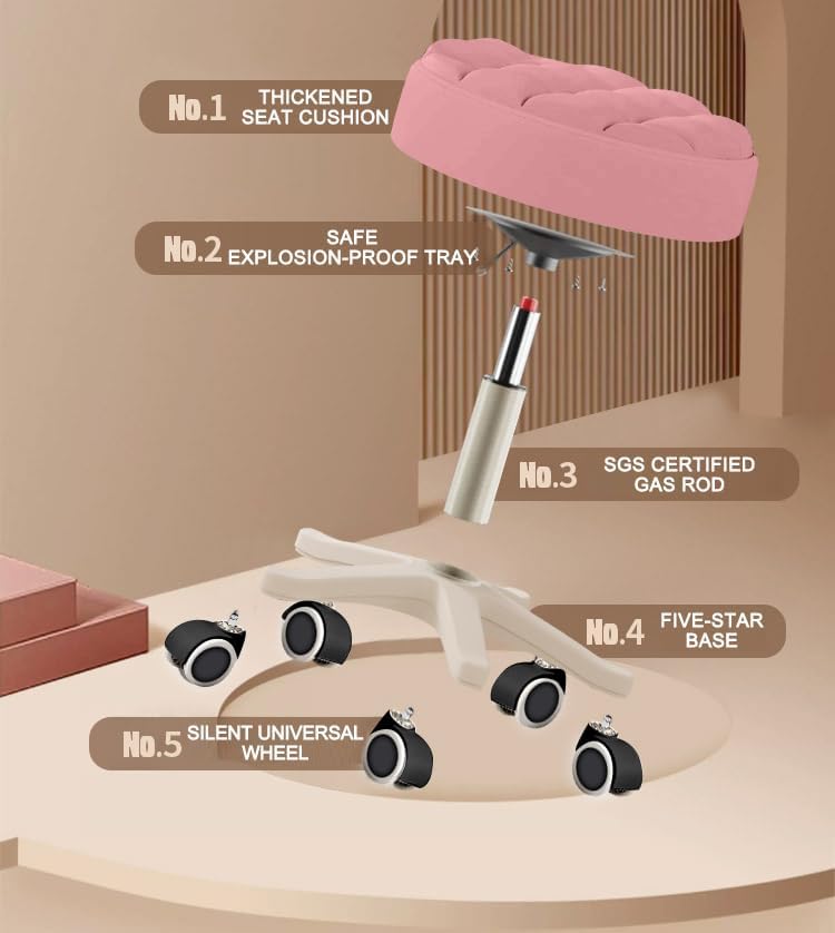 Small Chair Round Rolling Stool with Wheels PU Leather Height Adjustable Swivel Drafting Work SPA Salon Stools Home Office Chair