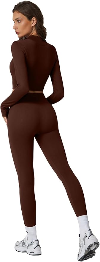 QINSEN Workout Sets for Women 2 Piece Seamless Long Sleeve Crop Tops Ribbed High Waist Leggings