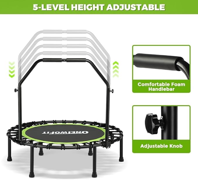 ONETWOFIT Foldable Rebounder Trampoline for Adults, 40/42/45” Mini Fitness Trampoline W/Adjustable Foam Handle Bungees, Quiet Exercise Trampoline for Personal Indoor Workout