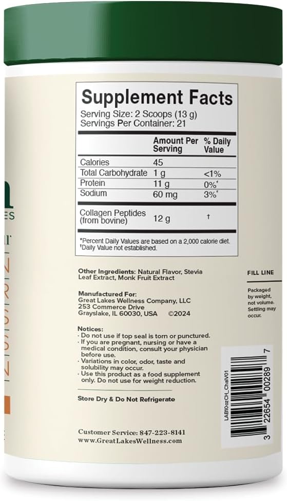 Great Lakes Wellness Collagen Peptides Powder for Skin, Hair, Nails, Joints & Digestion - Chai Flavored - Quick Dissolve Hydrolyzed, Non-GMO, Kosher - 10 oz