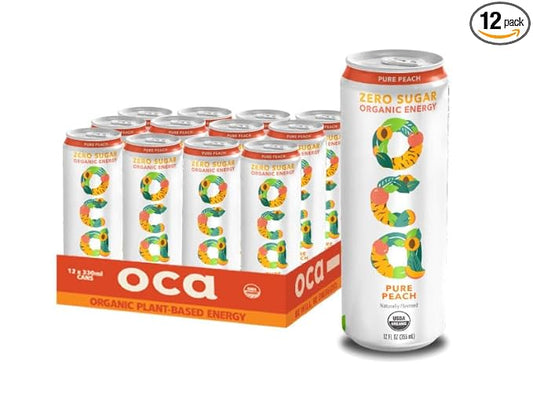 OCA ZERO Pure Peach, Organic energy drink, zero sugar, gluten-free, vegan plant-based, 12 Fl Oz (12-pack)