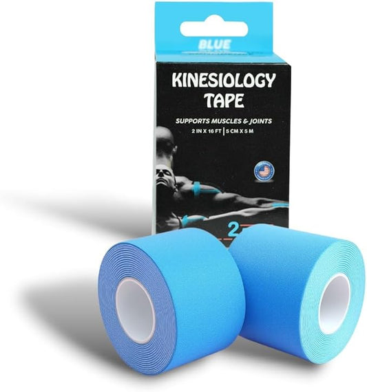 JLB Kinesiology Tape – 2 Rolls (16ft Each) – Strong Adhesion, Waterproof & Sweatproof – Latex-Free Sports Tape for Pain Relief, Muscle Support & Recovery – Physical Therapy & Athletic Tape (Blue)