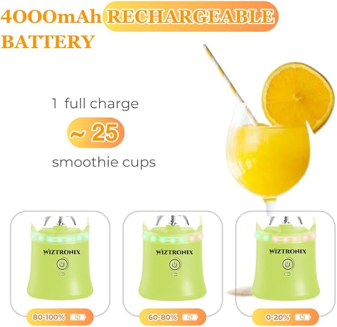 Cordless 21oz Portable Blender BPA Free With Personal Blender Cup, Best For Smoothie, Shakes, and Cocktails, With Durable Stainless Steel Blades, USB-C Rechargeable in Lime By WIZTRONIX