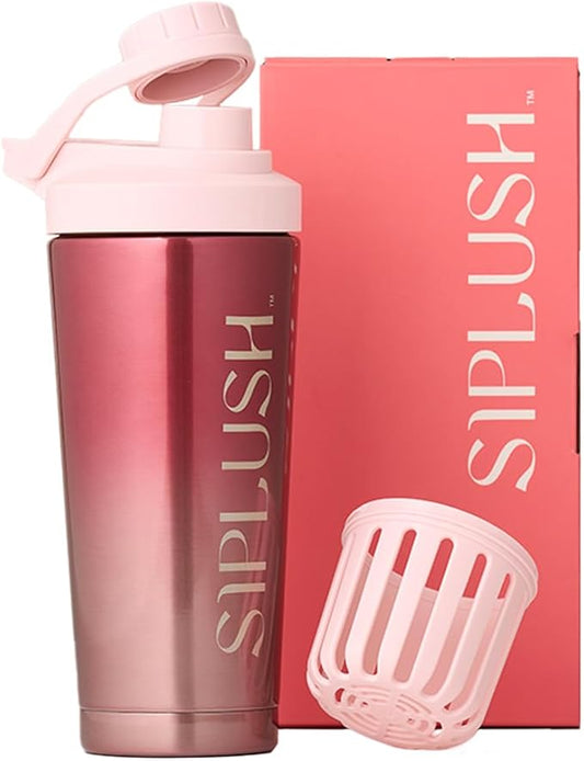 Paradise Shaker Bottle, 24 oz, Insulated Stainless Steel Protein Shaker, Smoothie and Pre Workout for Women, with Leakproof Twist-Off Chug Cap, Quiet Mixing, Pink Ombre, Pismo Sunset