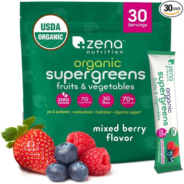 Zena Nutrition Organic Super Greens Powder, 70+ Superfoods, 0 Sugar, 3G Fiber, Spirulina, Chlorella, Antioxidants, Prebiotics/Probiotics, Digestive Enzymes, Mixed Berry, 30 Drink Mix Packets
