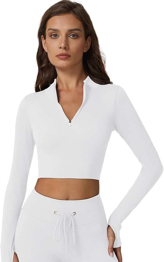 QINSEN Workout Sets for Women 2 Piece Seamless Long Sleeve Crop Tops Ribbed High Waist Leggings