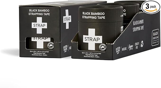 STRAP Black Bamboo Hypoallergenic Body Tape | Sports Tape, Athletic Tape, Kinesiology Tape, Shape Tape | Tape for Sensitive Skin, Non Toxic, Latex Free | 3x16.5ft Rolls