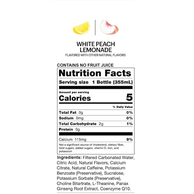 UPTIME Energy Drink, White Peach Lemonade Sparkling, 12 Pack, Vitamin C, L Theanine, Calcium, Sugar Free Energy Drinks for Focus Support, 142mg of Natural Caffeine, 5 Calories, Clean, 12 fl oz Cans