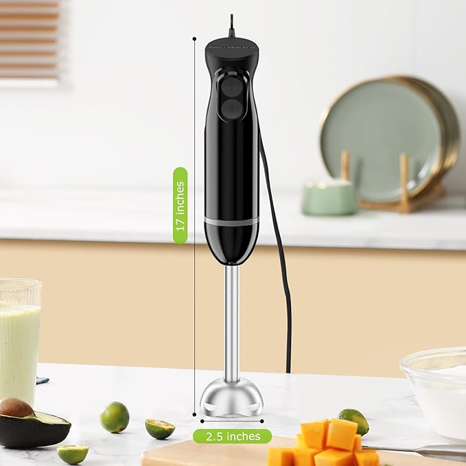Bonsenkitchen Hand Blender, Immersion Blender with 2 Mixing Speed, Electric Handheld Blender Portable Stick Mixer with Stainless Steel Blades for Soup, Smoothie, Puree, Baby Food