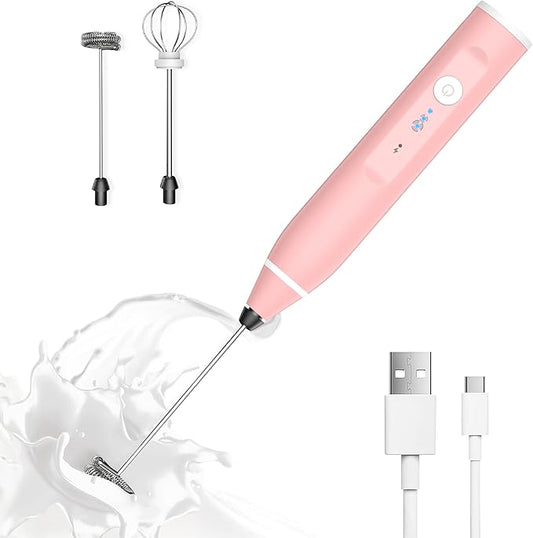 Milk Frother Rechargeable Handheld Electric Whisk Coffee Frother Mixer with 2 Stainless whisks 3 Speed Adjustable Foam Maker Blender for Coffee Matcha Latte Cappuccino Hot Chocolate(Classic Pink)