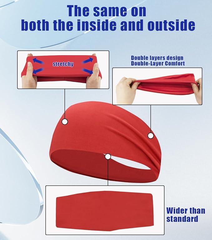 Sport Sweatbands for Men and Womem, 4 Pack, Double-Layer Workout Headbands, Sweat Wicking Hairbands for Fitness Running Football